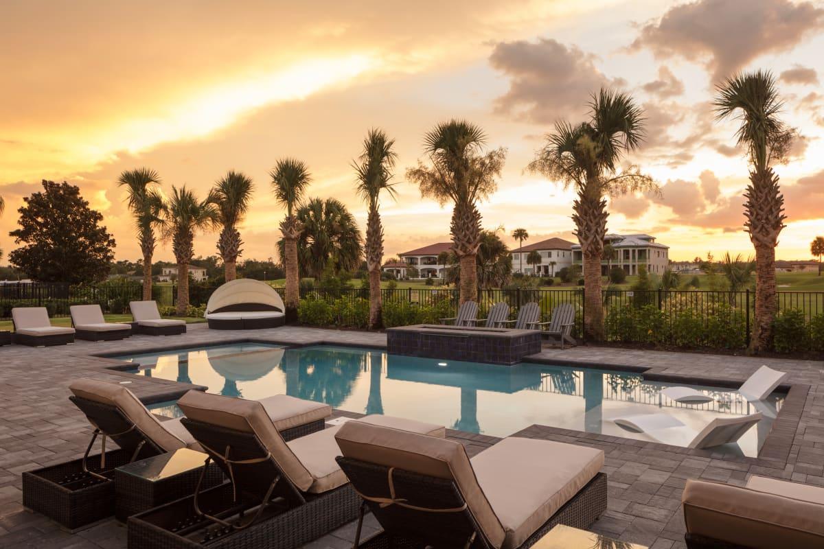 Luxury pool area at sunset with palm trees and lounge chairs